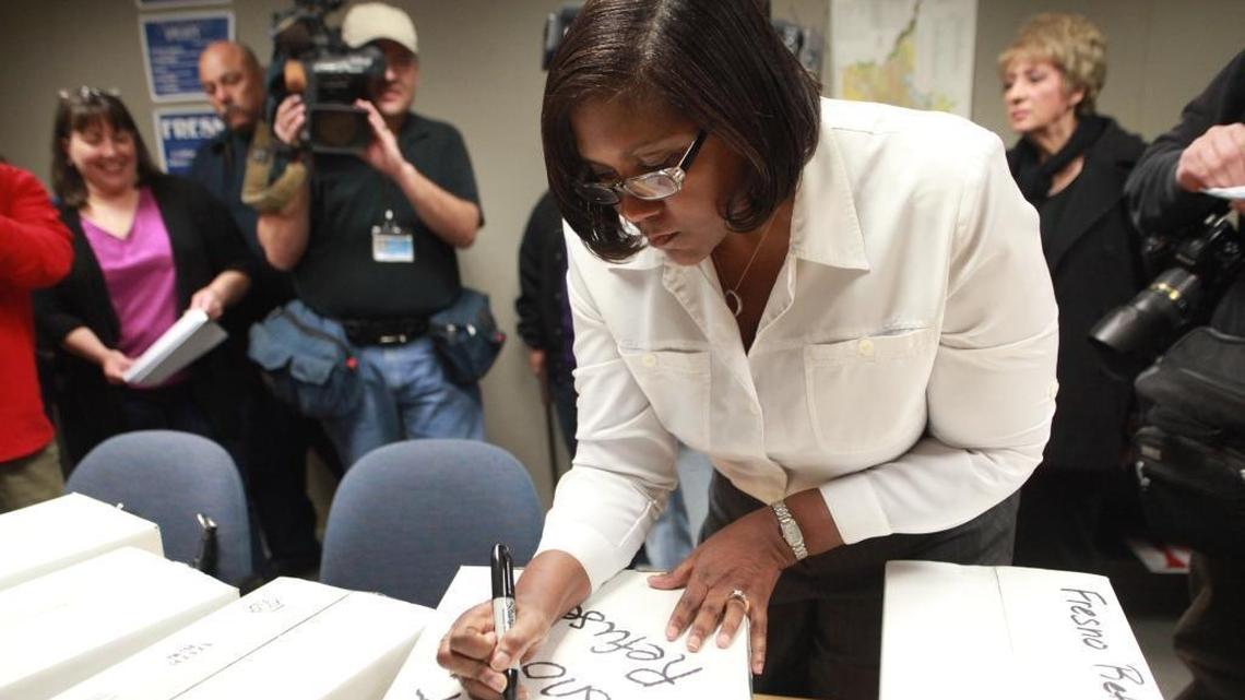 Fresno City Clerk Yvonne Spence checks the count on election petitions at Fresno City Hall in this file photo.