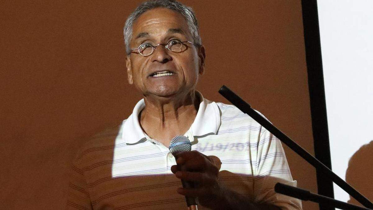 Dr. Paul García spoke about the birth of the UFW at the 50th anniversary commemoration of the United Farm Workers grape strike at Fresno City College on Aug. 19, 2023.