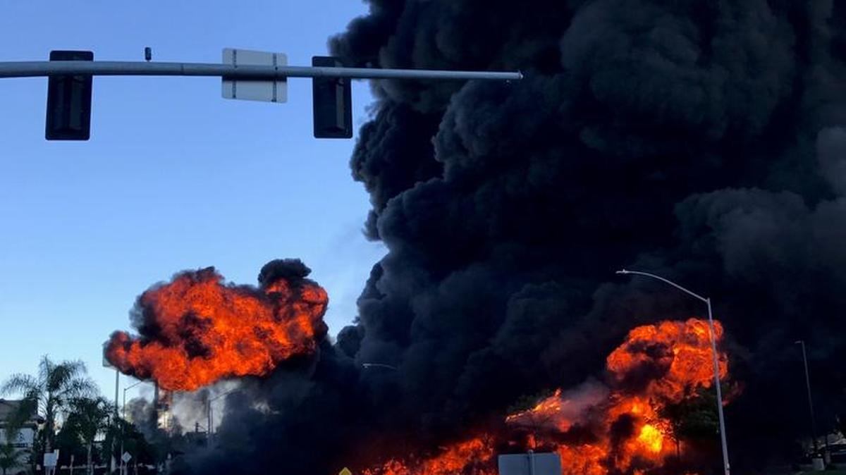A fuel truck burns after crashing in Atwater on Tuesday.