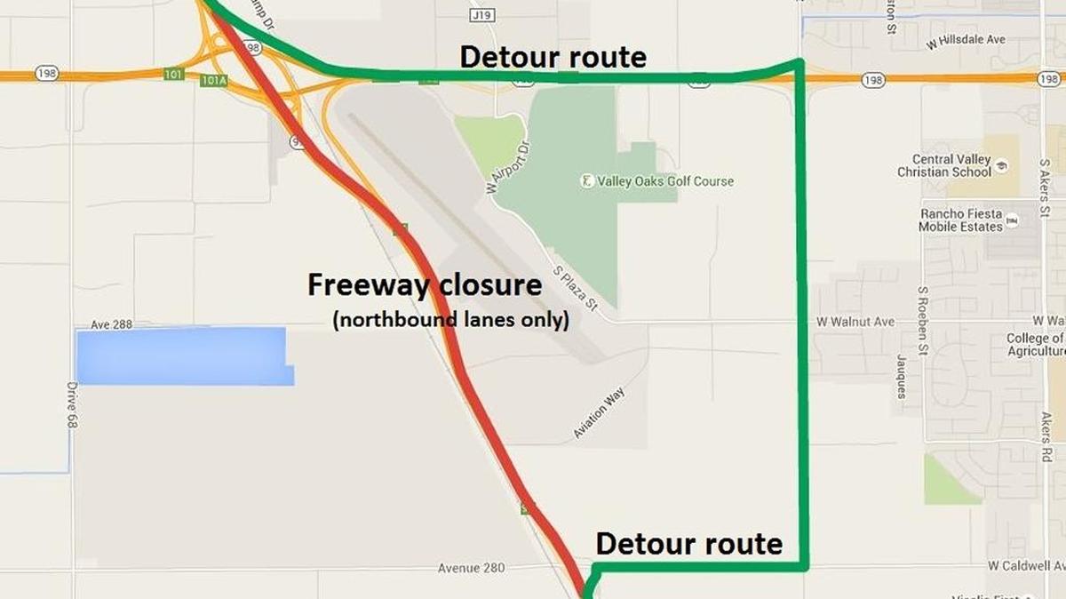 
A stretch of northbound Highway 99 near Visalia will be closed from 11 p.m. Thursday to 5 a.m. Friday. A detour for northbound drivers will be available.

