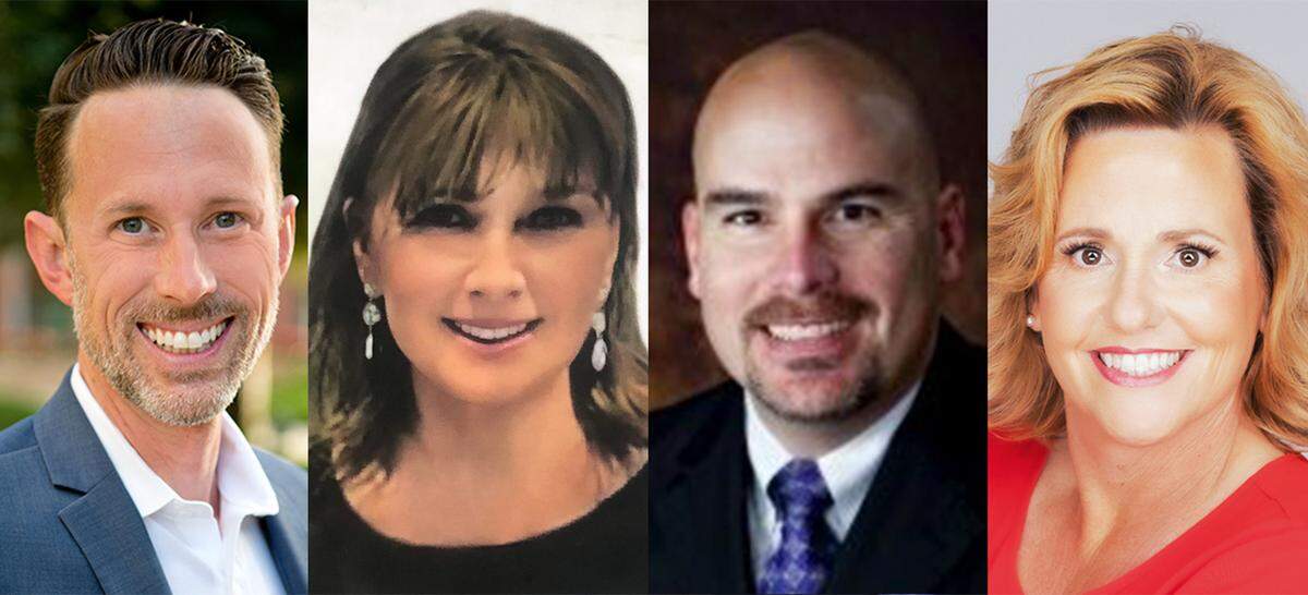 Left to right, nonprofit executive Clint Olivier, Realtor Joanne Burton, parent and business executive Chuck Der Manouel and parent and communications consultant Samantha Bauer are vying for the vacant Area 1 seat.