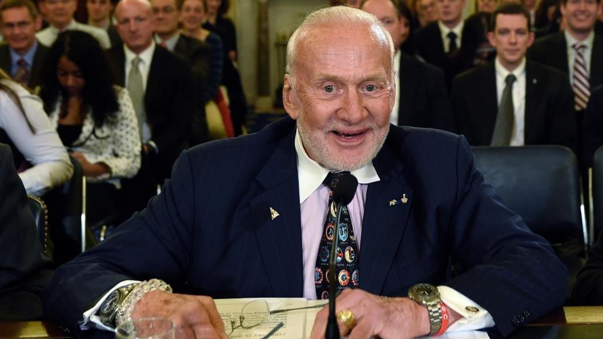 In a February 2015 file photo, Buzz Aldrin, former NASA astronaut and Apollo 11 pilot, prepares to testify on Capitol Hill. Officials said Aldrin, one of the first men to walk on the moon, has been evacuated from the South Pole for medical reasons.