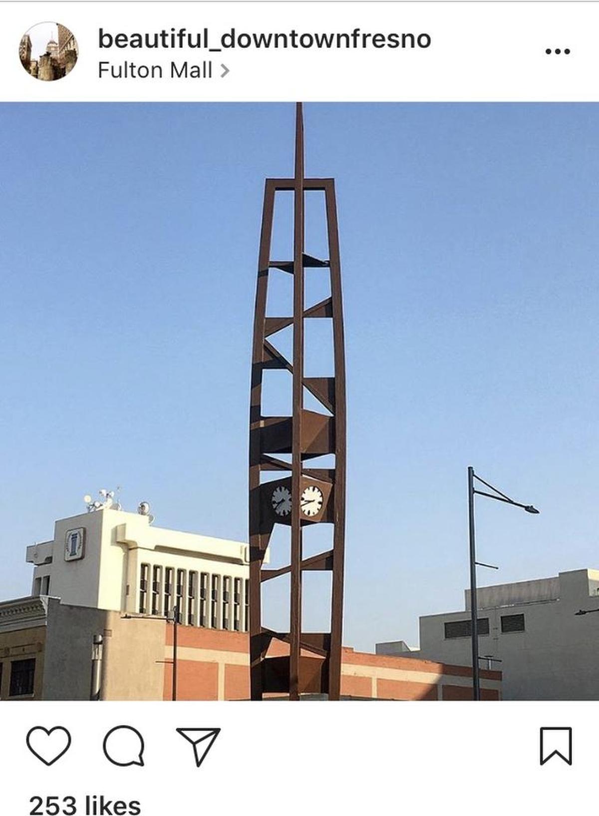 A 60-foot, wooden clock tower has been fully unveiled after scaffolding that surrounded the artwork was removed Tuesday. The clock tower is part of the $5 million Fulton Street Restoration Project.