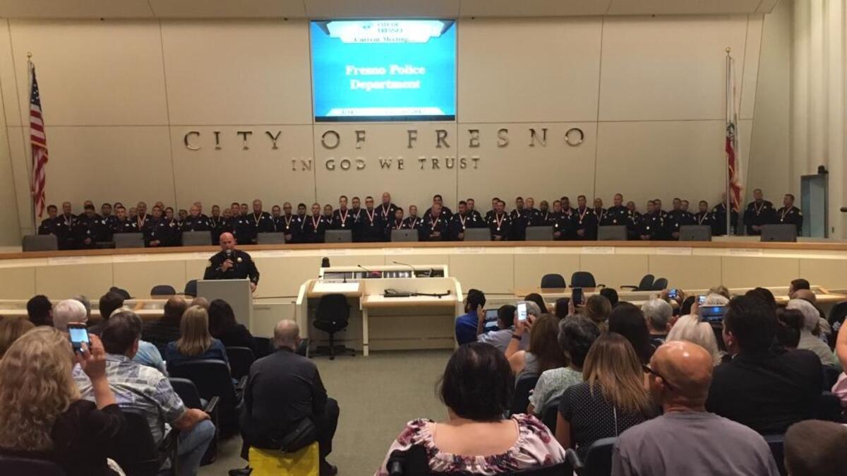 Sixty Fresno Police Department officers were recognized Wednesday, July 26, 2017, during the Major Commendation Ceremony at Fresno City Hall.
