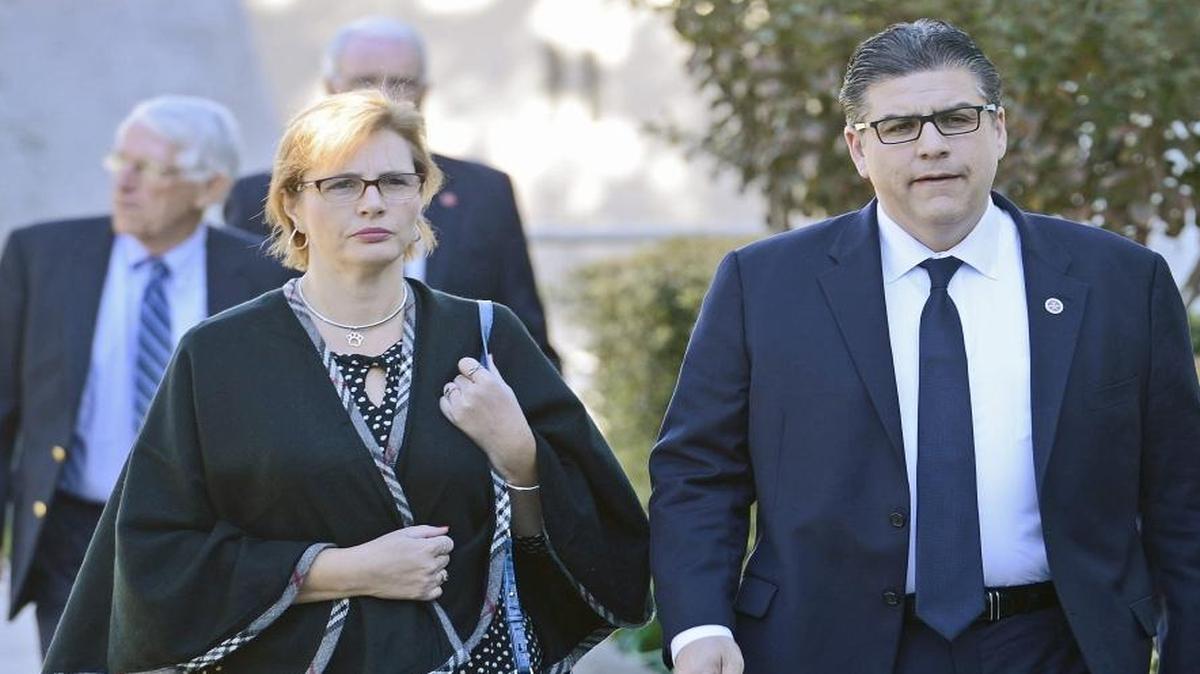 Fresno State president Joseph I. Castro and his wife Mary arrive for the Bob Duncan memorial service at Northwest Church in Fresno Monday. Duncan, a local businessman who died last week, was known as “Mr. Bulldog” and a huge supporter of Fresno State athletics.