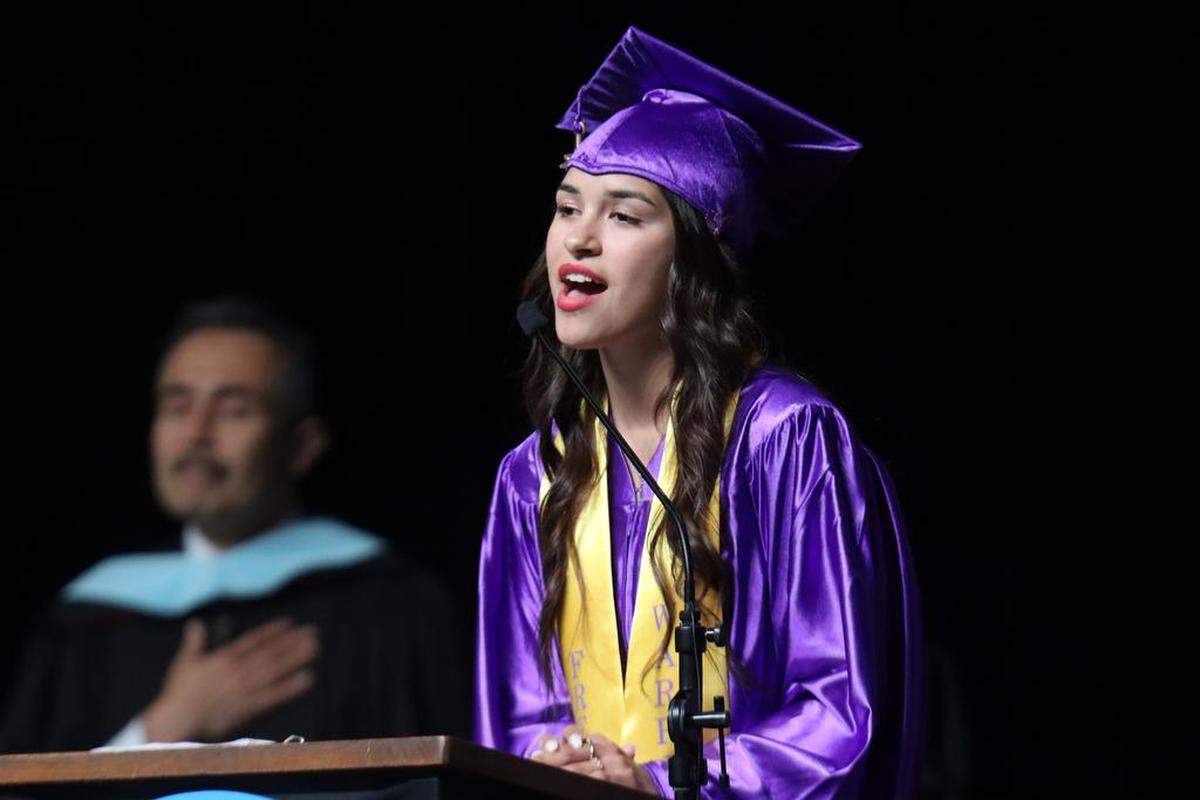 Georgia Casares sang the national anthem at the Fresno High graduation ceremony held at the Save Mart Center on June 5, 2023.
