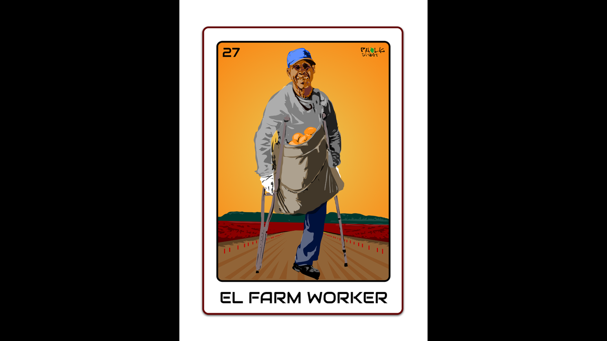 “El Farm Worker” (2020) by Alfredo Ponce, also known as Pholk Giant on Instagram, is part of Amplifier’s COVID-19 emergency campaign collection.