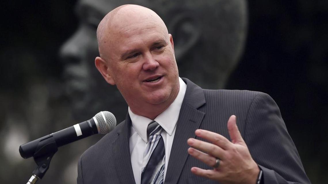 Keynote speaker Fresno Unified School District Superintendent Bob Nelson at the annual Martin Luther King Jr. garlanding ceremony in Courthouse Park Friday, January 12, 2017 in downtown Fresno.
