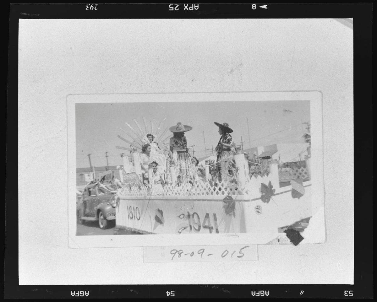 The queen of the 1941 Mexican Independence Day Parade - the origin of the Fiestas Patrias celebration - stands on a float during the celebrations in Fresno. This image was used by the Fiestas Patrias 2022 organizing committee to prove the parade’s long-standing history in the city and bring it back.