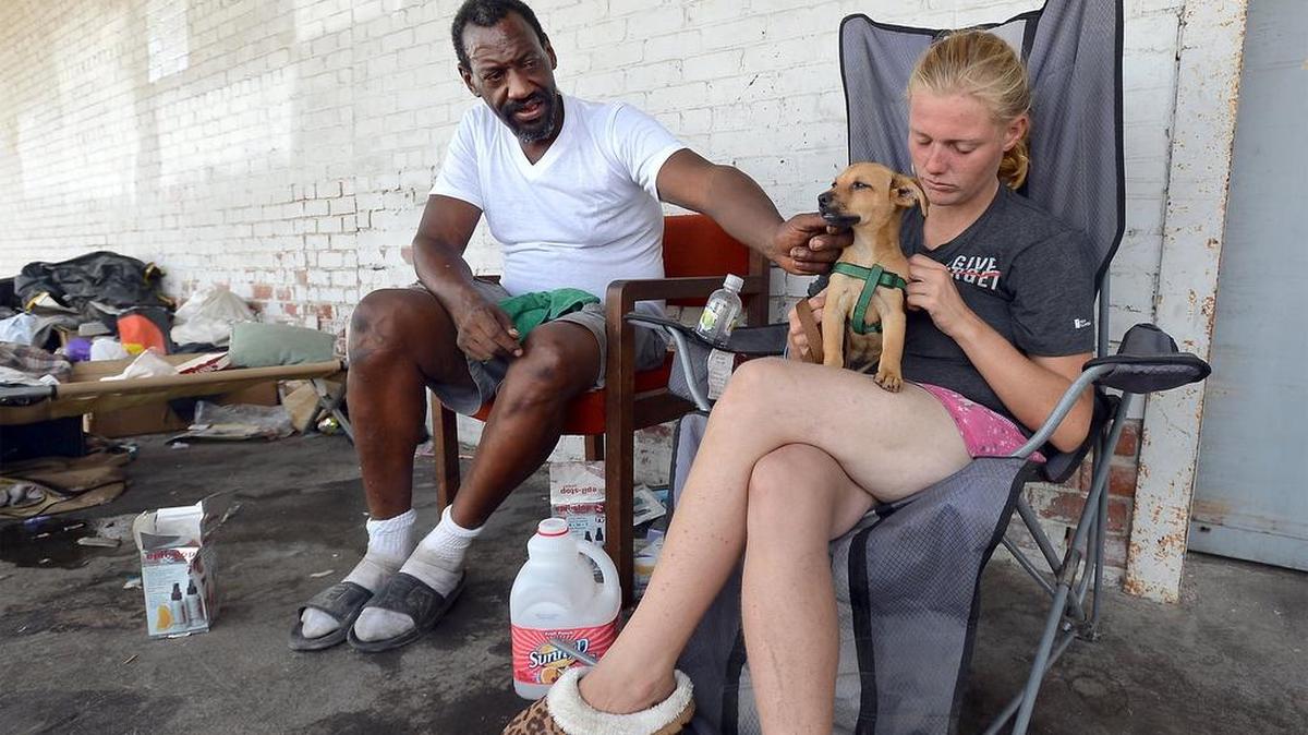 
Ashley Henson, 19, right, holds her puppy Cheeto while visiting with her friend Mack Easley, 44, in downtown Fresno. Henson sleeps at The Village at the Poverello House, while Easley sleeps on a shaded dock in downtown.
