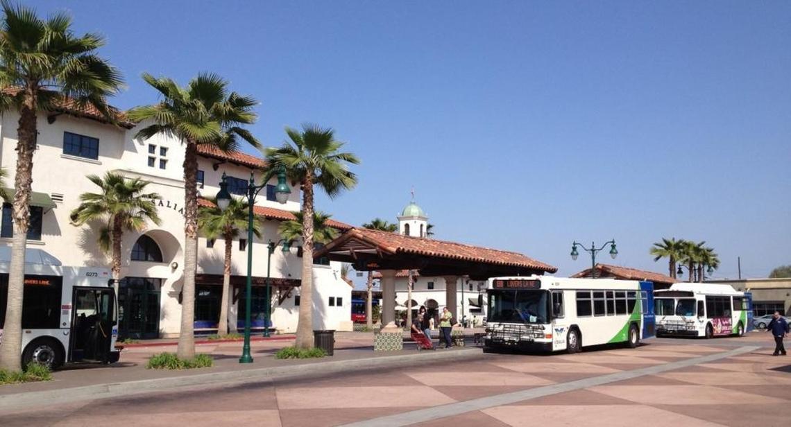 Visalia Transit buses stop at the Visalia Transfer Center in downtown Visalia.
