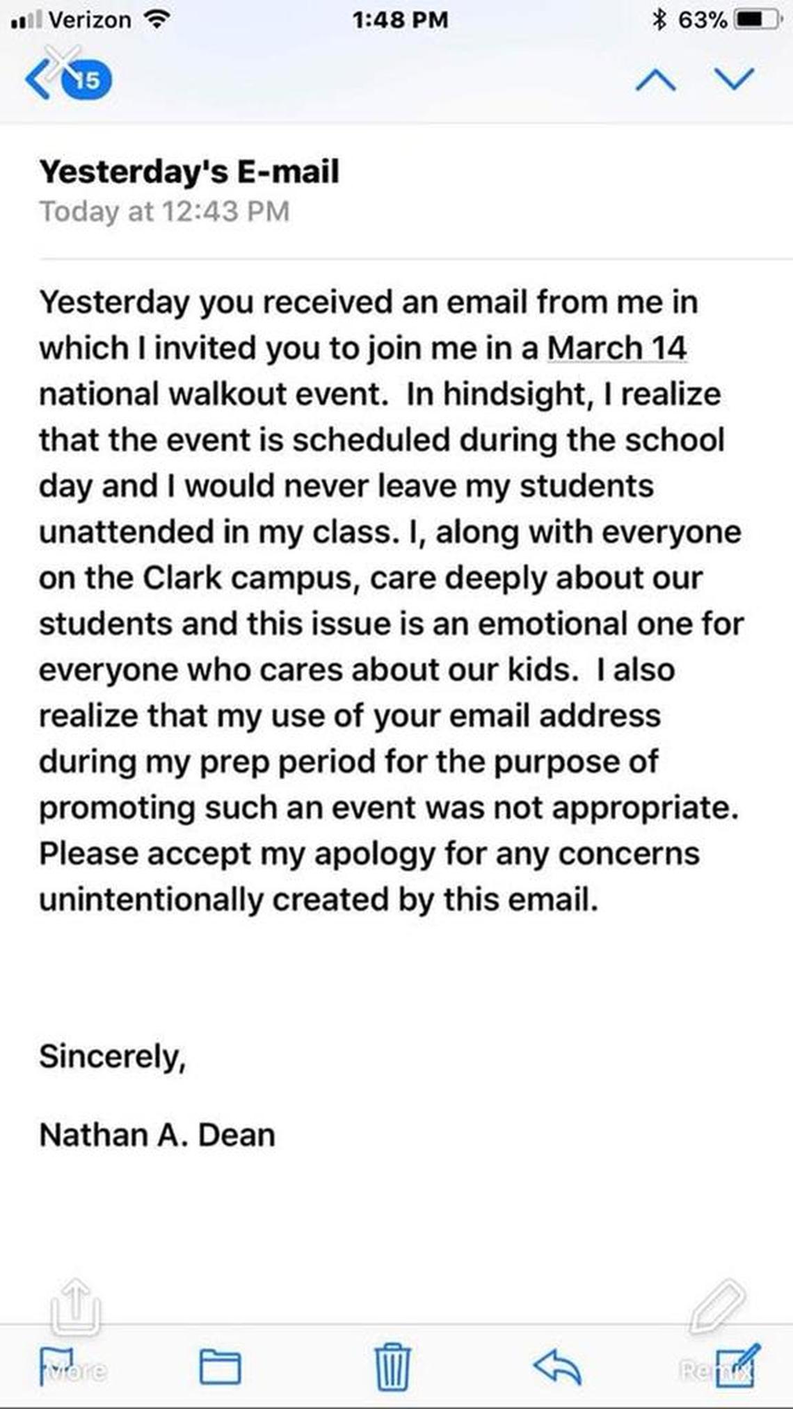 Email from Clark Intermediate science teacher Nathan Dean