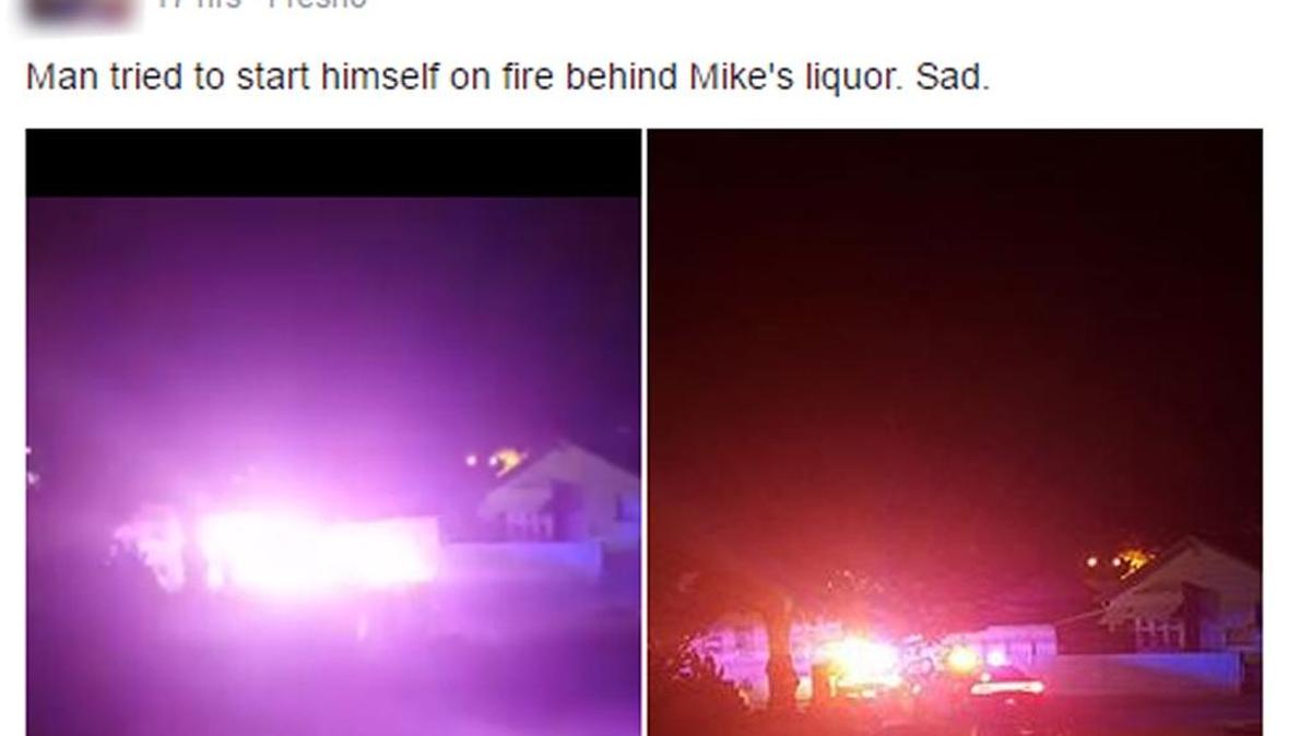 A Facebook post from Wednesday night, November 9, 2016, refers to an incident in which a man tried to set himself afire.