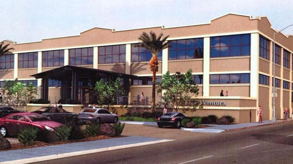 An artist’s rendering of the potential renovation of a 91-year-old warehouse at Ventura and R streets in downtown Fresno. Bitwise Holdings LLC has submitted plans to convert the former raising packinghouse into an office building.