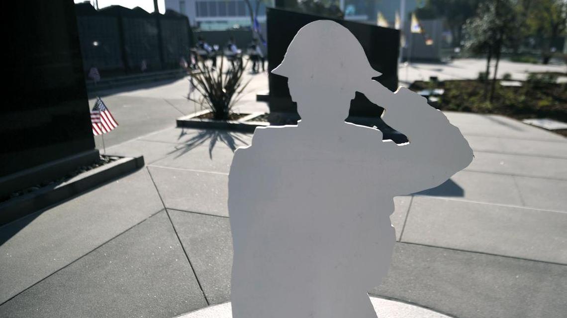 A cutout of a soldier stands in the garden, seen at the start of the inaugural ceremony.