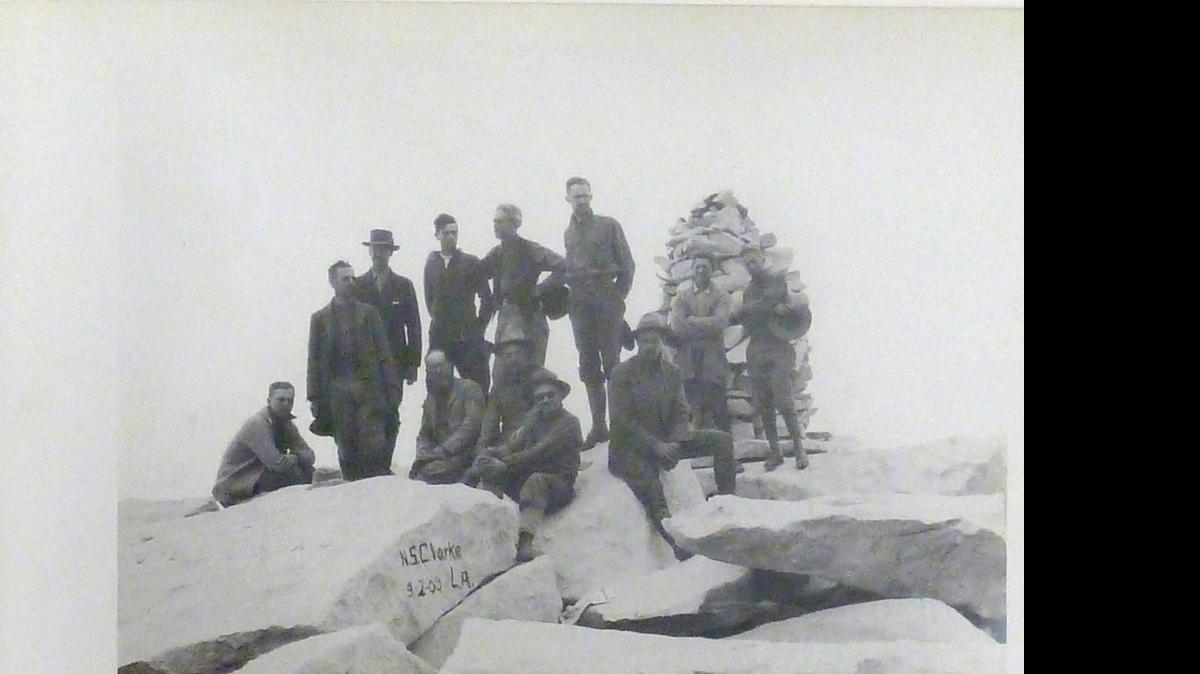 
Group photo of Mather mountain party on top of Mount Whitney.
