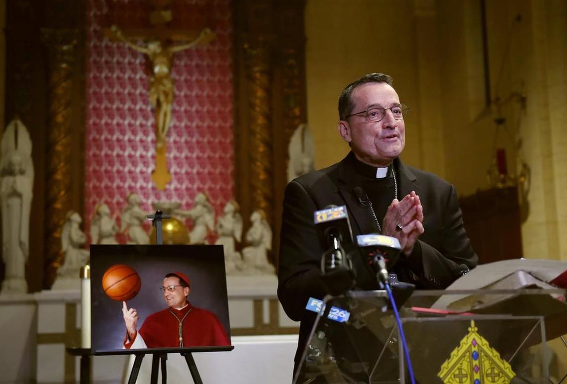 Rev. Joseph V. Brennan addresses the media after being introduced by Rev. Armando Ochoa as his replacement for the Diocese of Fresno Tuesday morning, March 5, 2019 in Fresno. Ochoa is retiring after reaching the age of 75, a standard practice according to Ochoa.