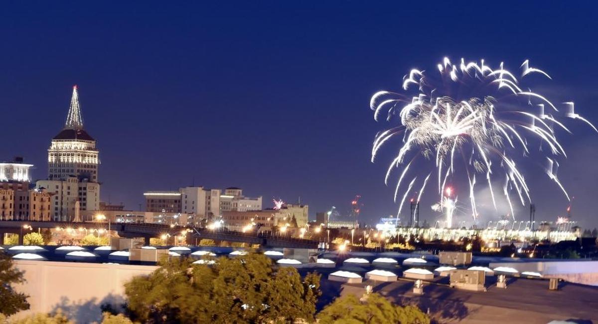 Fireworks explode over Chukchansi Park following the Fresno Grizzlies baseball game to celebrate Fourth of July 2016.