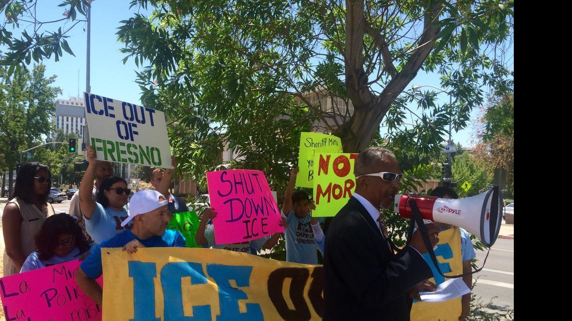 
The Rev. Carl Jones of the West Fresno Ministerial Alliance speaks during a protest against a new collaboration between Fresno County Jail and Immigration and Customs Enforcement. 
