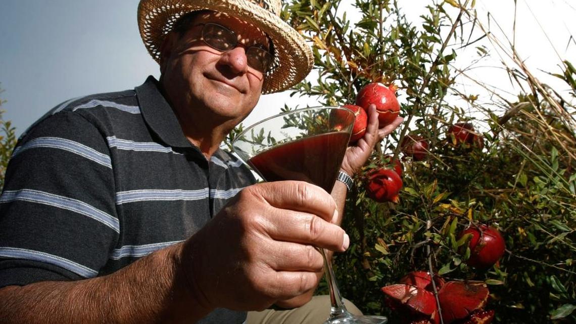 Grower Jim Simonian poses in a neighbor’s pomegranate orchard with a martini glass. Mr. Simonian, a Fowler civic leader and farmer, died Monday after a battle with cancer.