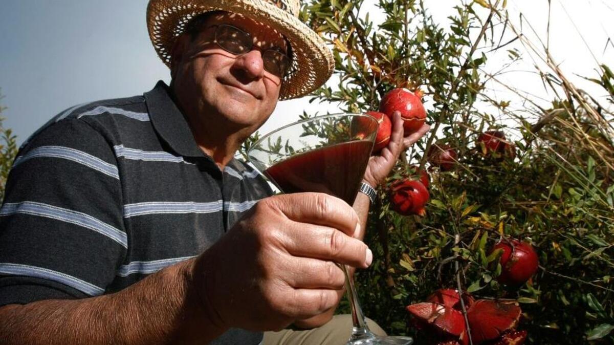 Grower Jim Simonian poses in a neighbor’s pomegranate orchard with a martini glass. Mr. Simonian, a Fowler civic leader and farmer, died Monday after a battle with cancer.