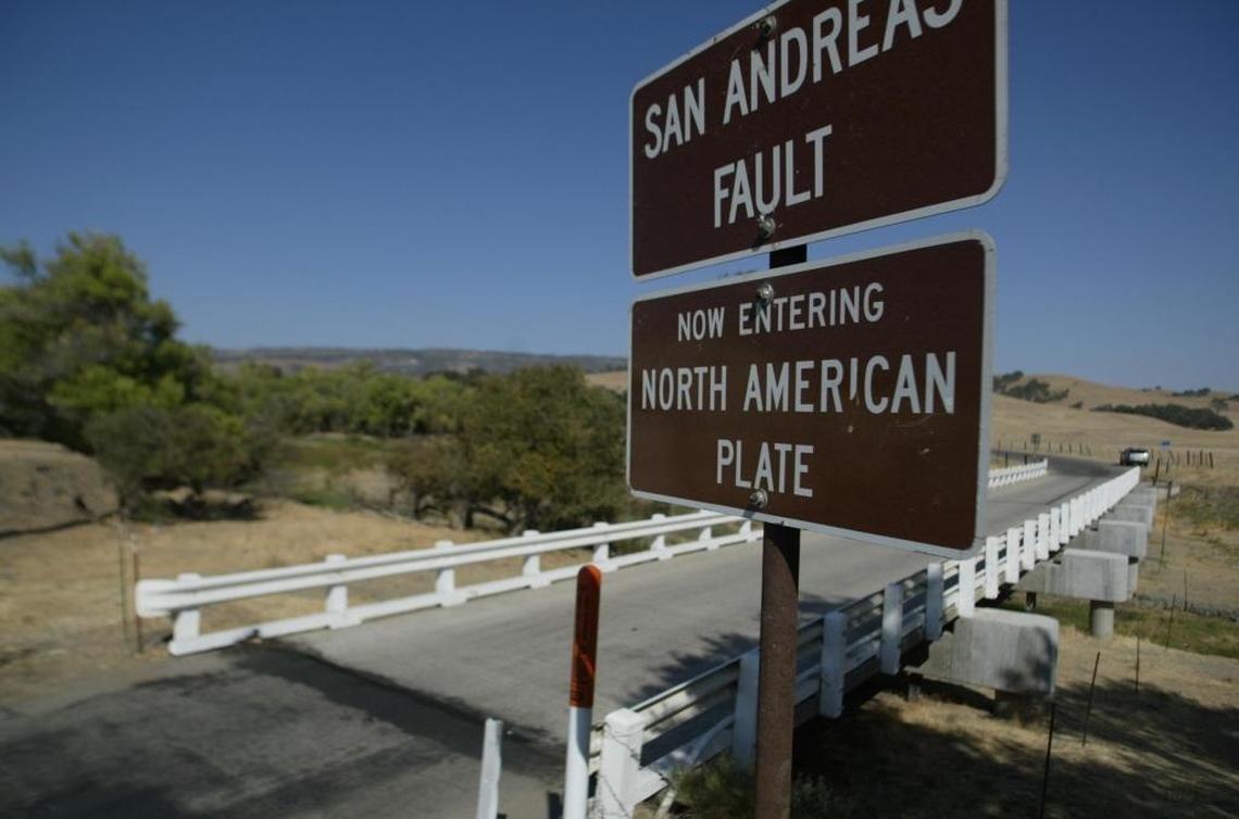 The San Andreas Fault crosses Parkfield-Coalinga Road one-half mile south of Parkfield, west of Coalinga.