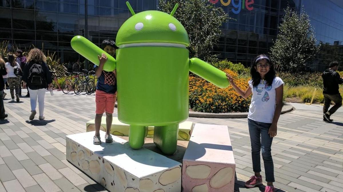 Ananya Vinay and her brother, Achuth Vinay, at the Google headquarters in Mountain View, California.