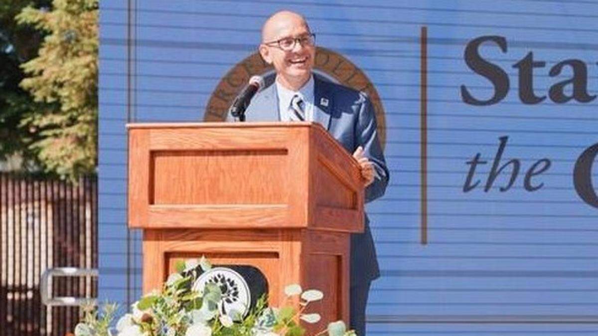 Merced College President Chris Vitelli is shown giving his “State of the College” address to local officials on Oct. 14, 2021.