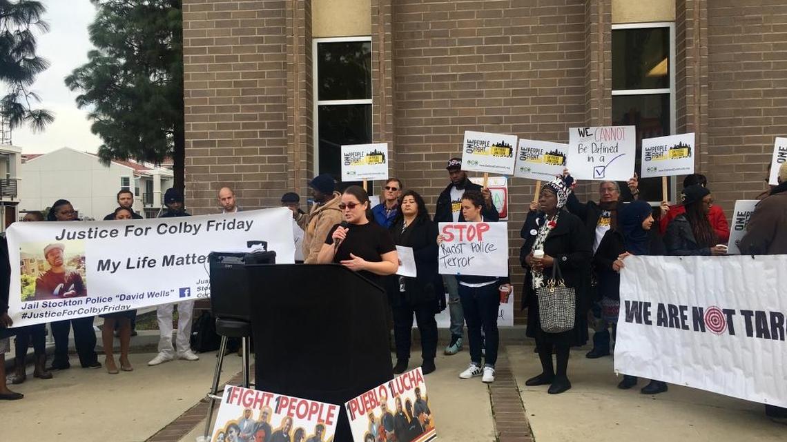 Victoria Castillo, a community organizer with Faith in Merced, speaks during a rally in downtown Fresno in response to the Racial and Identity Profiling Act of 2015.