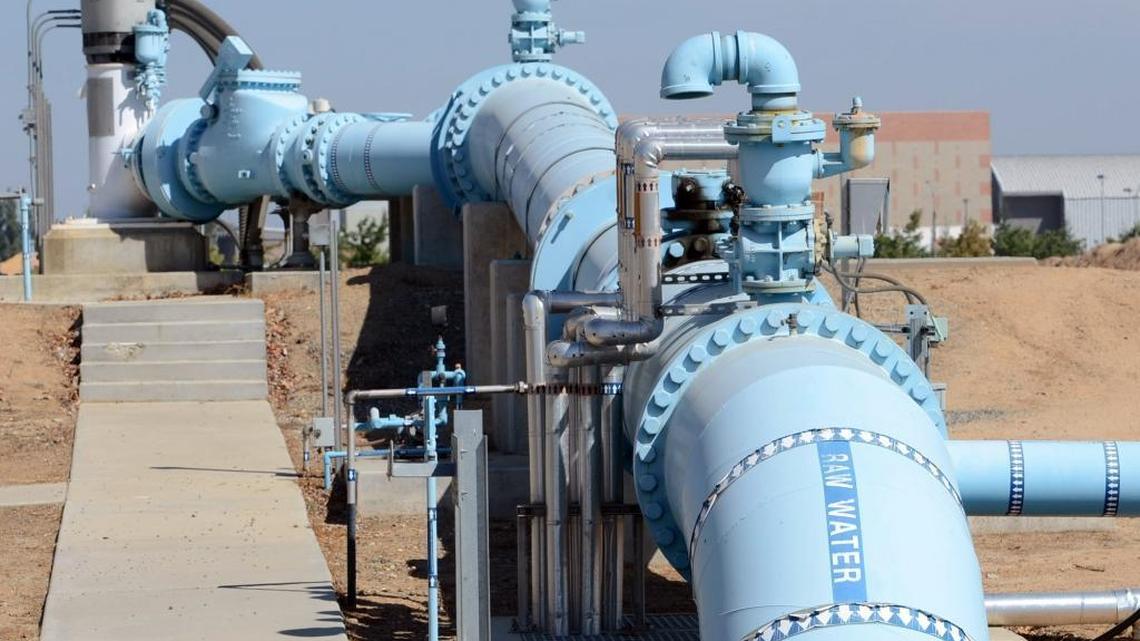 Pipes carry water from the Enterprise Canal into the city of Fresno’s surface water treatment plant on Chestnut Avenue near Behymer Avenue in northeast Fresno. The plant filters and treats the water to be distributed into the city’s drinking water system.
