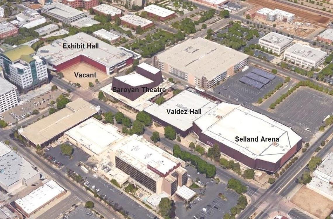The four facilities of the Fresno Convention Center – Exhibit Hall, Saroyan Theater, Valdez Hall and Selland Arena – are shown in this aerial view from Google Maps. A vacant lot is where a 144-room Courtyard by Marriott hotel is planned.