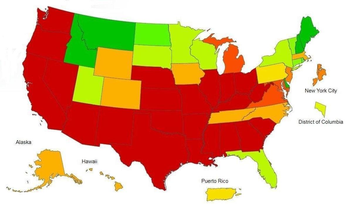 A map depicts the estimated activity of influenza-like illnesses in each state nationwide. The highest levels are indicated in red and orange, moderate levels in yellow, low levels in pale green, and minimal levels in dark green.