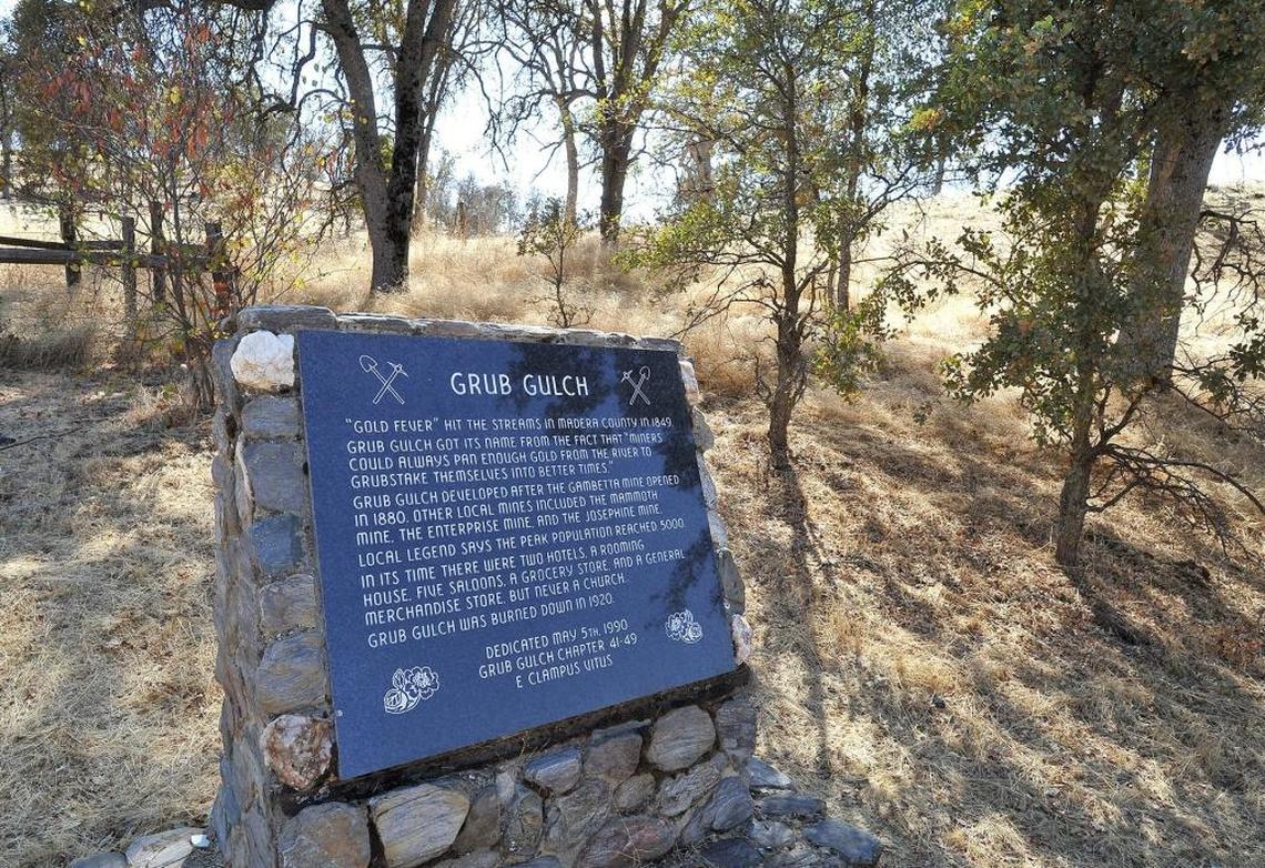 The E Clampus Vitus marker dedicated to the ghost town of Grub Gulch, on Road 600 about five miles south of Ahwahnee.