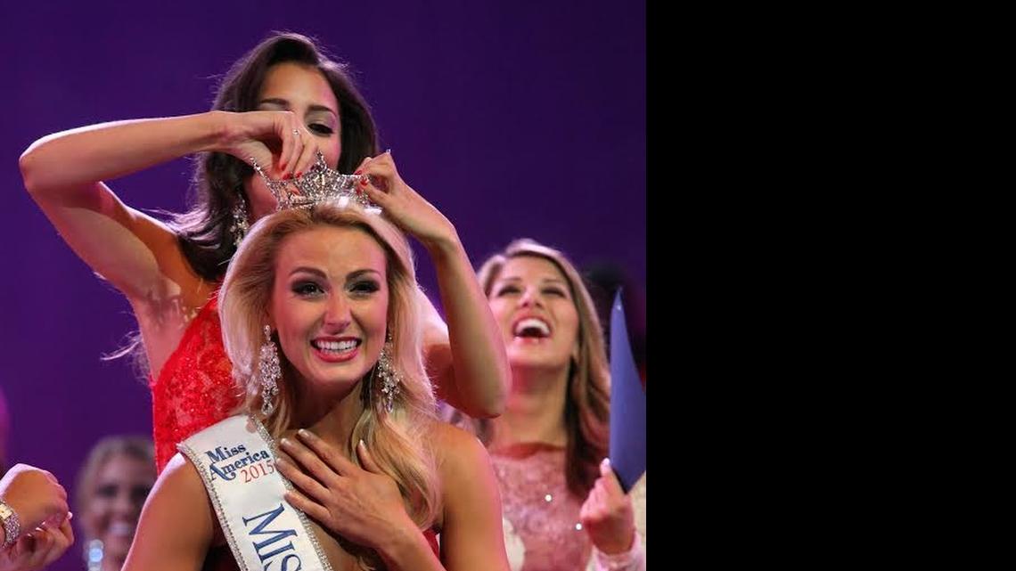 
Miss Orange Coast Bree Morse, 23, is crowned Miss California 2015 by 2014 Miss California Marina Inserra on Saturday night at the Saroyan Theatre.
