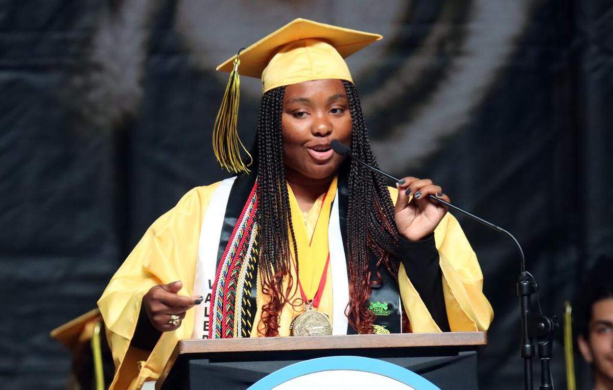 Valedictorian speaker Samaria Simpson addressed the graduates during the Edison High School graduation ceremony at the Save Mart Center on June 5, 2023.