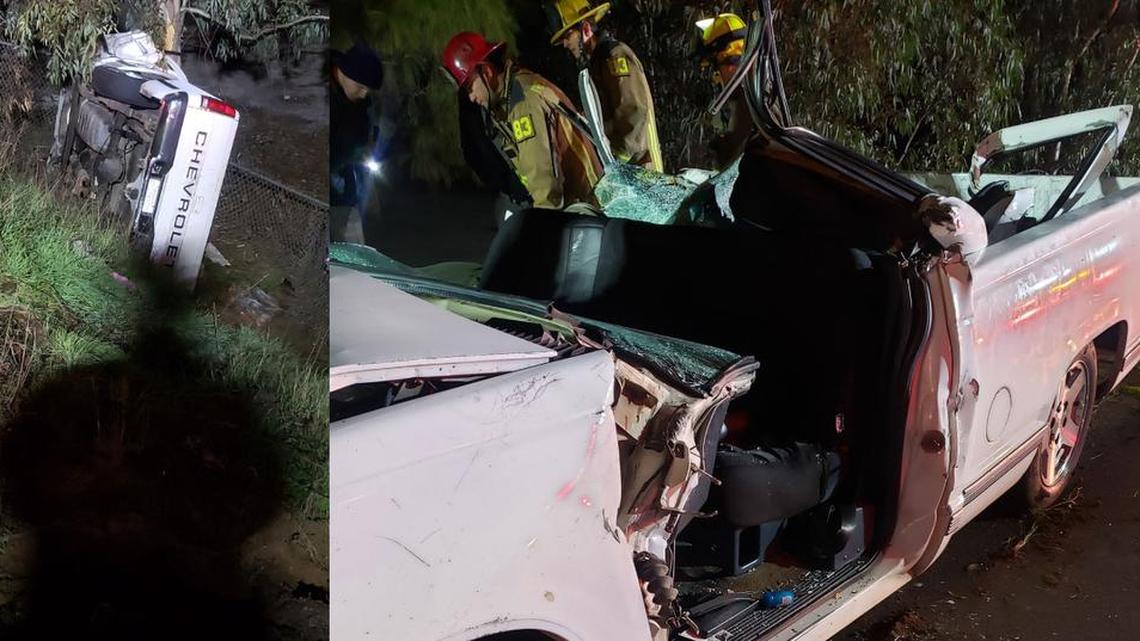 One person died after a pickup rolled down an embankment in Reedley, Calif. on Saturday, Jan. 26, 2019, fire officials said.