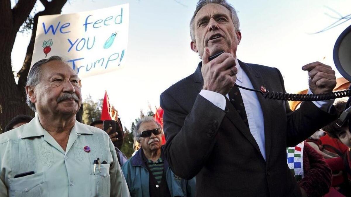 Robert F. Kennedy Jr., right, with United Farm Workers president Arturo Rodriguez, left, speaks out against President Donald Trump’s proposals to deport millions of illegal immigrants during a United Farm Workers Union rally in front of the federal courthouse on Jan. 27, 2017 in Fresno, Calif.