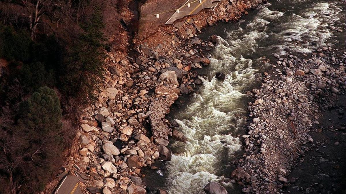 The Merced River washed out a 150-foot section of Highway 140 at El Portal, west of Yosemite Park, in a photo from Jan. 19, 1997.