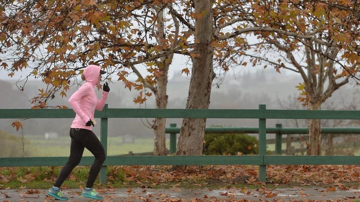 A jogger makes her way through the rain at Woodward Park on Saturday morning, Dec. 31, 2016. A series of wet storms is expected to bring more rain to the region starting Tuesday afternoon, Jan. 3, 2017.