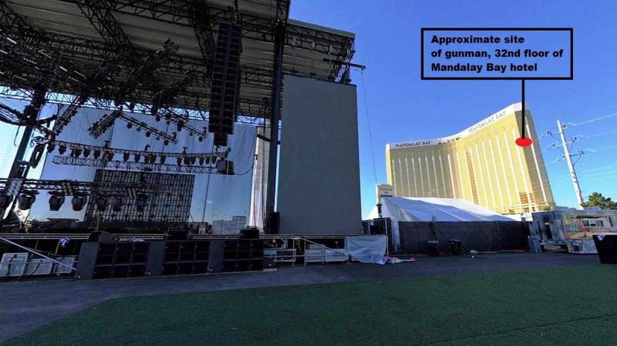 The Las Vegas Village festival grounds is within clear view of the 32nd floor of the Mandalay Bay hotel, from where a gunman is alleged to have fired shots that killed 58 people and wounded hundreds more on Sunday, Oct. 1, 2017. This image was taken from a 2016 Google Earth view, with the pointer to the hotel room added.