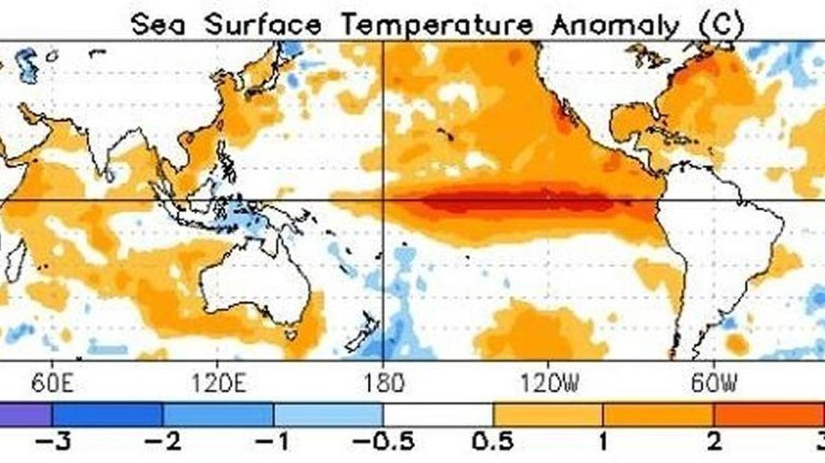 An orange-red area in the eastern equatorial Pacific Ocean depicts the warmer-than-normal El Niño ocean temperatures in November 2015.