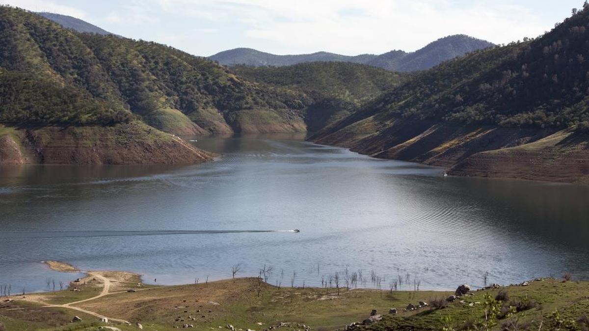 Rings of previous water levels mark the hills surrounding Pine Flat Lake in Piedra, Calif., March 14, 2015.