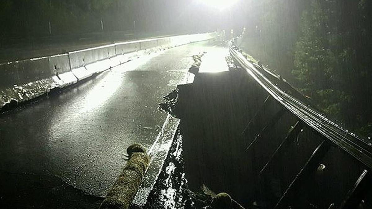 A section of Highway 50 east of Bridal Veil Falls buckled and broke away, as shown by a photo photo posted by California Highway Patrol’s Placerville office Monday, Feb. 20, 2017.