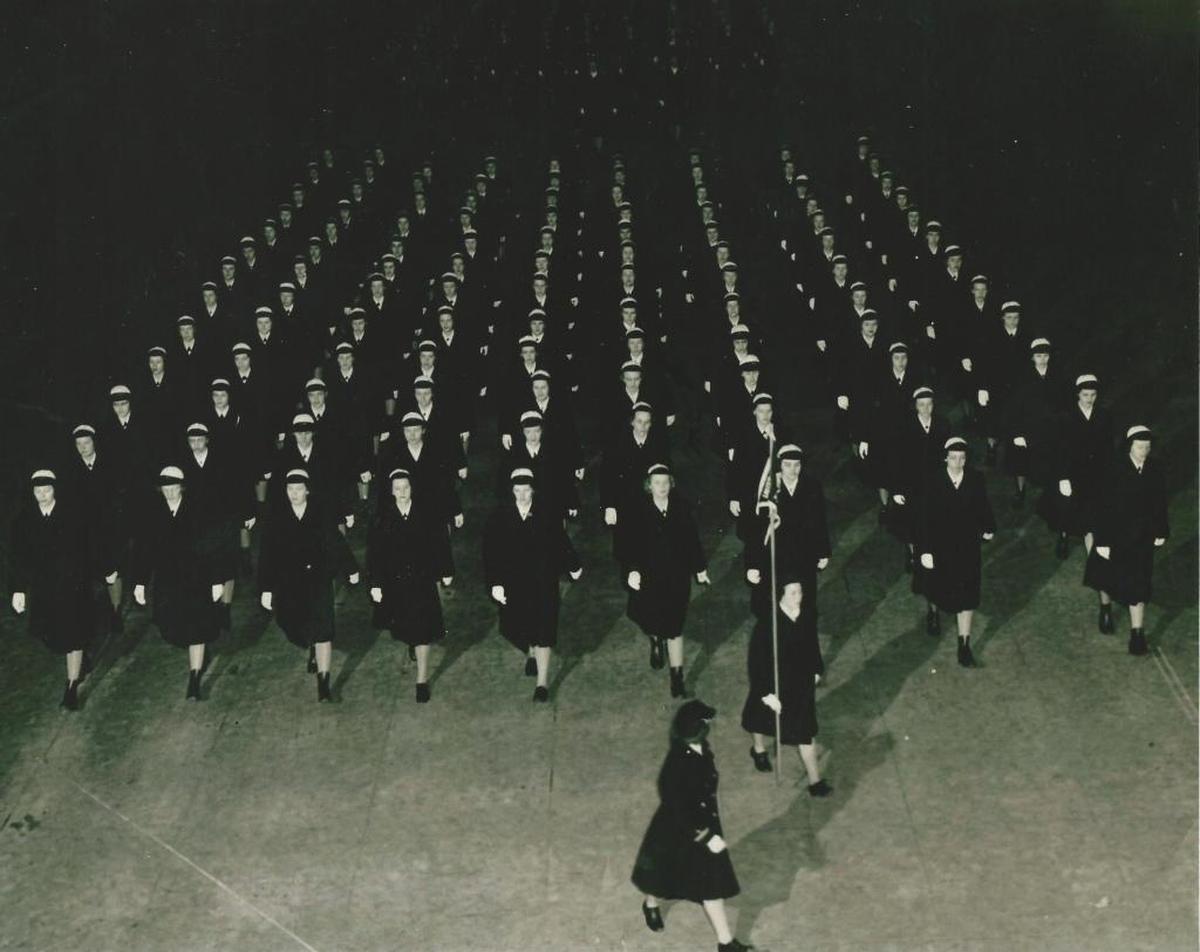 Lillie Morrison and other women march in this photo from 1944 of boot camp in New York.