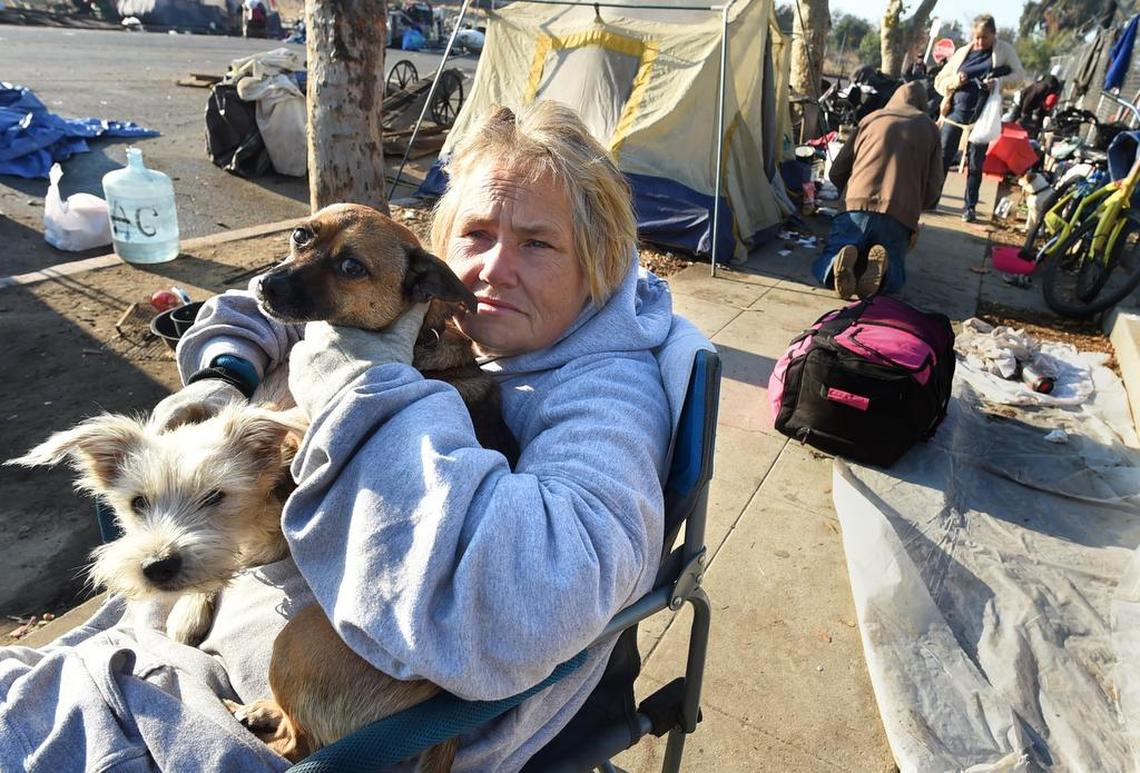 Cynthia Lulay, a woman who is homeless and says she was diagnosed with bone cancer, sits with her dogs on Santa Clara Street.