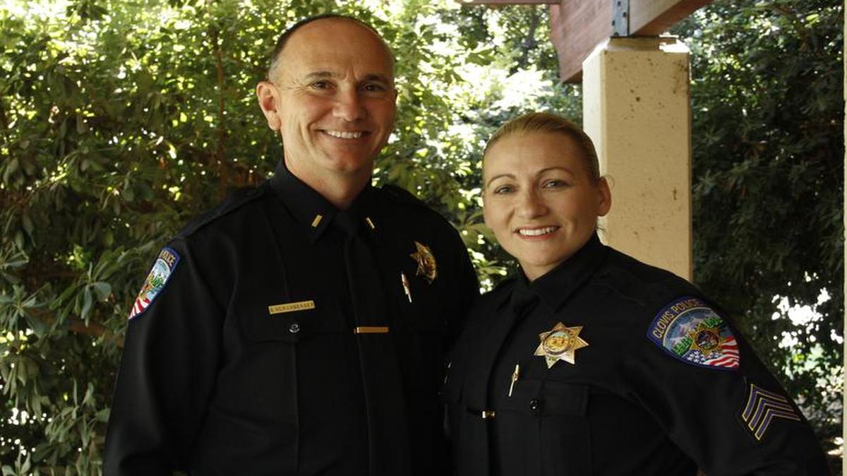 
Newly promoted Clovis Police Lt. Brett Hershberger and his wife, Sgt. Kristina Hershberger. They were promoted Thursday during a ceremony at Clovis City Hall.
