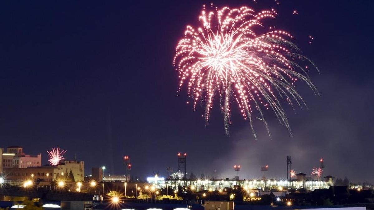 Fireworks explode over Chukchansi Park following the game to celebrate the Fourth of July on July 4, 2016 in Fresno, Calif.