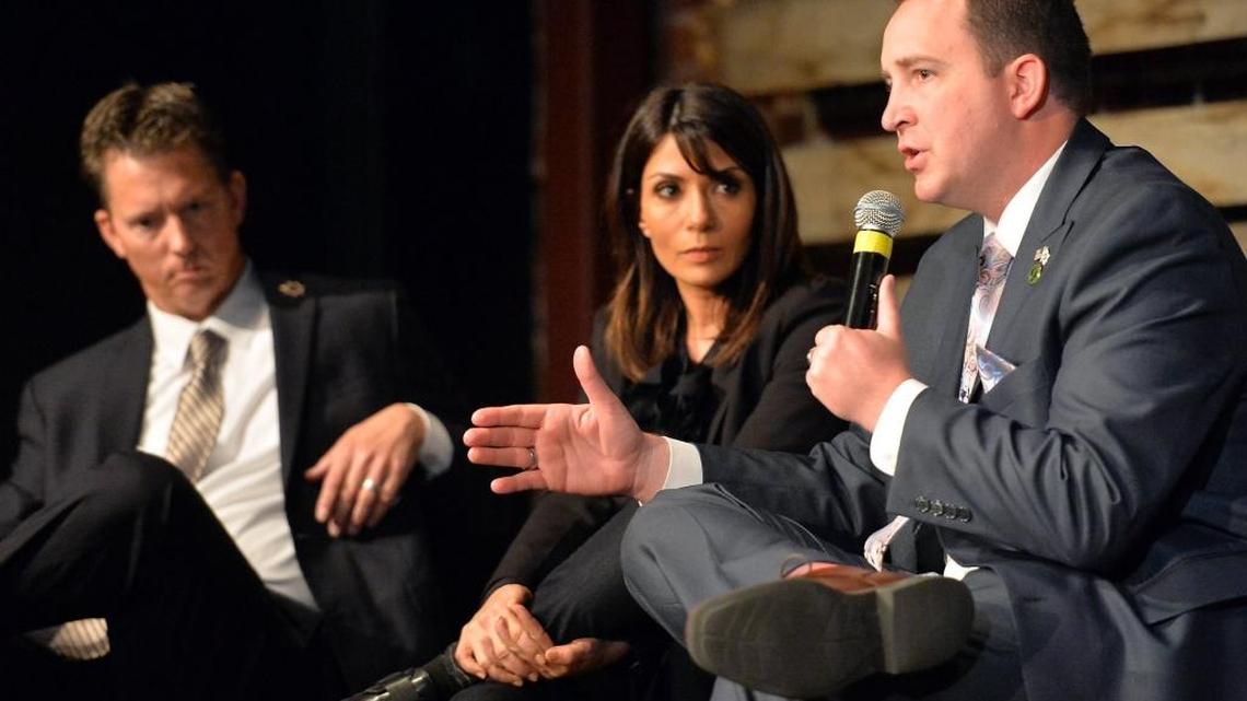 Devon Mathis, right, Assembly Member from Tulare County, speaks about human trafficking with Tulare County District Attorney Tim Ward, left, and actress Marisol Nichols, at a town hall meeting on Friday night, April 8, 2016 in Visalia. Mathis announced on Jan. 31, 2018 that he supports the audit of Tulare Regional Medical Center after “questionable activities.”