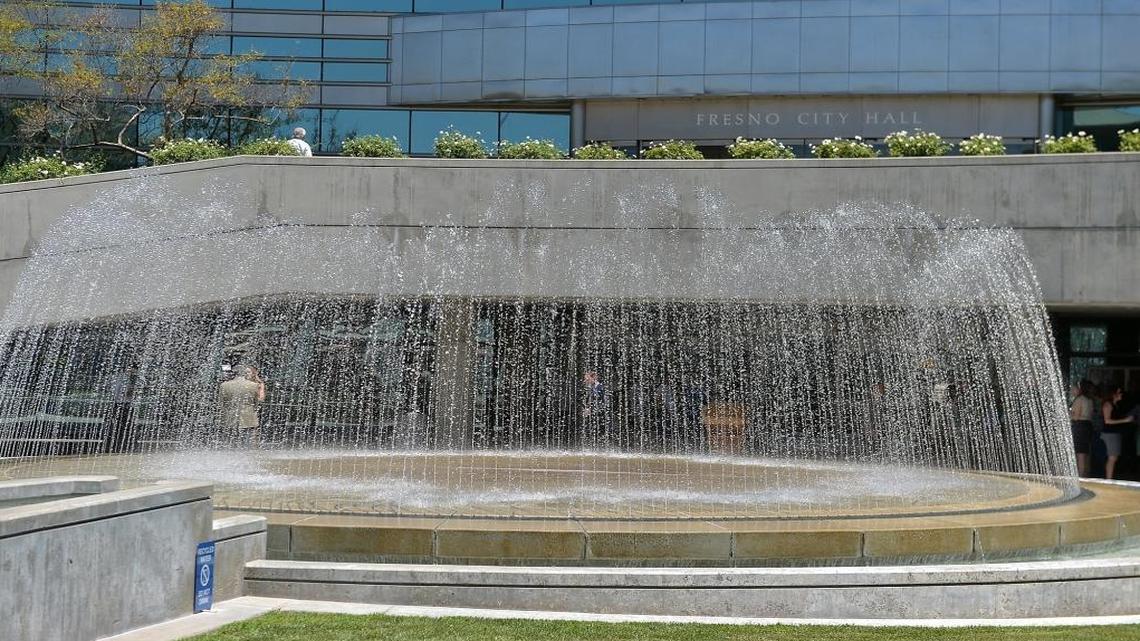 Cobb Fountain at Fresno City Hall, inactive since 2009, is flowing again after being turned on Thursday.