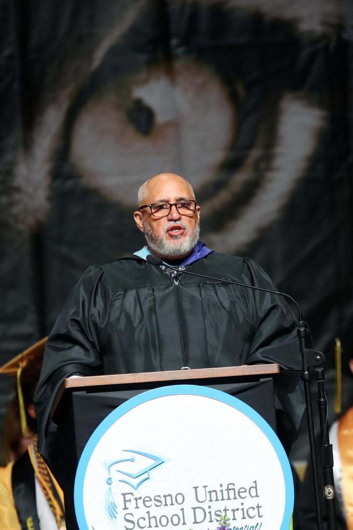 Principal José Luis Muñoz addressed about 425 graduates, including his daughter, at the Edison High School graduation ceremony at the Save Mart Center on June 5, 2023.